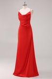 Red Satin Cowl Neck A Line Maxi Evening Dress