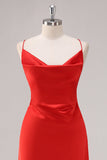 Red Satin Cowl Neck A Line Maxi Evening Dress