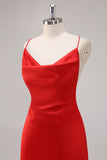 Red Satin Cowl Neck A Line Maxi Evening Dress