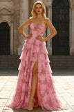 Corset Blush Tiered Floral A-Line Prom Dress with Slit