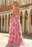 Corset Blush Tiered Floral A-Line Prom Dress with Slit