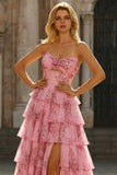 Corset Blush Tiered Floral A-Line Prom Dress with Slit