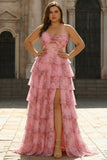 Corset Blush Tiered Floral A-Line Prom Dress with Slit