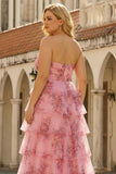 Corset Blush Tiered Floral A-Line Prom Dress with Slit