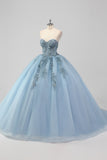 Grey Blue Corset Applique Ball Gown Quinceañera Dress