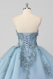 Grey Blue Corset Applique Ball Gown Quinceañera Dress