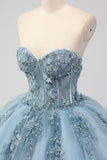 Grey Blue Corset Applique Ball Gown Quinceañera Dress