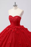 Glitter Red Sweetheart 3D Flower Ball Gown Quinceañera Dress