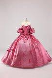 Fuchsia Sweetheart 3D Flower Ball Gown Quinceañera Dress with Puff Sleeves