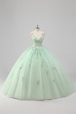 Green Spaghetti Straps 3D Flower Ball Gown Quinceañera Dress