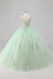 Green Spaghetti Straps 3D Flower Ball Gown Quinceañera Dress