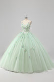 Green Spaghetti Straps 3D Flower Ball Gown Quinceañera Dress