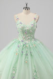 Green Spaghetti Straps 3D Flower Ball Gown Quinceañera Dress
