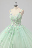 Green Spaghetti Straps 3D Flower Ball Gown Quinceañera Dress