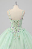 Green Spaghetti Straps 3D Flower Ball Gown Quinceañera Dress