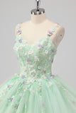 Green Spaghetti Straps 3D Flower Ball Gown Quinceañera Dress