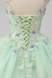 Green Spaghetti Straps 3D Flower Ball Gown Quinceañera Dress