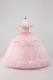 Blush Cold Shoulder Corset Ruffles Beaded Ball Gown Quinceañera Dress