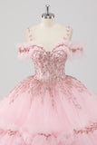 Blush Cold Shoulder Corset Ruffles Beaded Ball Gown Quinceañera Dress