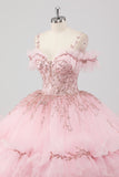 Blush Cold Shoulder Corset Ruffles Beaded Ball Gown Quinceañera Dress