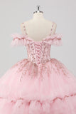 Blush Cold Shoulder Corset Ruffles Beaded Ball Gown Quinceañera Dress
