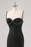 Black Spaghetti Straps Corset Sheath Formal Dress