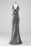 Silver Grey Metallic V Neck Mermaid Maxi Formal Dress