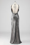 Silver Grey Metallic V Neck Mermaid Maxi Formal Dress