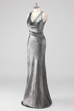Silver Grey Metallic V Neck Mermaid Maxi Formal Dress