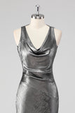Silver Grey Metallic V Neck Mermaid Maxi Formal Dress