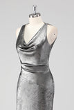 Silver Grey Metallic V Neck Mermaid Maxi Formal Dress