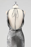 Silver Grey Metallic V Neck Mermaid Maxi Formal Dress