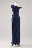 Navy One Shoulder Sheath Maxi Formal Dress with Rhinestones