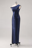 Navy One Shoulder Sheath Maxi Formal Dress with Rhinestones