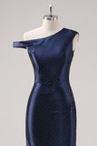 Navy One Shoulder Sheath Maxi Formal Dress with Rhinestones