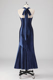 Glitter Navy Halter Mermaid Tea Length Formal Dress