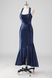 Glitter Navy Halter Mermaid Tea Length Formal Dress