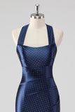 Glitter Navy Halter Mermaid Tea Length Formal Dress