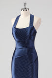 Glitter Navy Halter Mermaid Tea Length Formal Dress