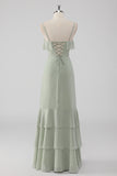 Dusty Sage Spaghetti Straps Tiered A Line Bridesmaid Dress with Ruffles