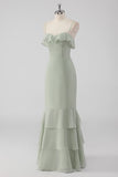 Dusty Sage Spaghetti Straps Tiered A Line Bridesmaid Dress with Ruffles