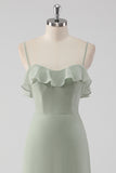 Dusty Sage Spaghetti Straps Tiered A Line Bridesmaid Dress with Ruffles