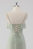 Dusty Sage Spaghetti Straps Tiered A Line Bridesmaid Dress with Ruffles