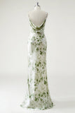 Green White Spaghetti Straps Mermaid Maxi Bridesmaid Dress with Slit
