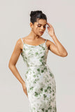 Green White Spaghetti Straps Mermaid Maxi Bridesmaid Dress with Slit