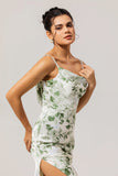 Green White Spaghetti Straps Mermaid Maxi Bridesmaid Dress with Slit
