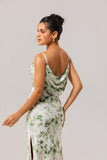 Green White Spaghetti Straps Mermaid Maxi Bridesmaid Dress with Slit
