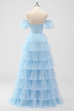 Sky Blue Corset Tiered A Line Bridesmaid Dress with Slit