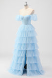 Sky Blue Corset Tiered A Line Bridesmaid Dress with Slit