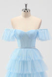 Sky Blue Corset Tiered A Line Bridesmaid Dress with Slit